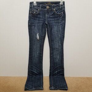 Almost Famous jeans 0 distressed whiskered stretch low rise waist denim grunge